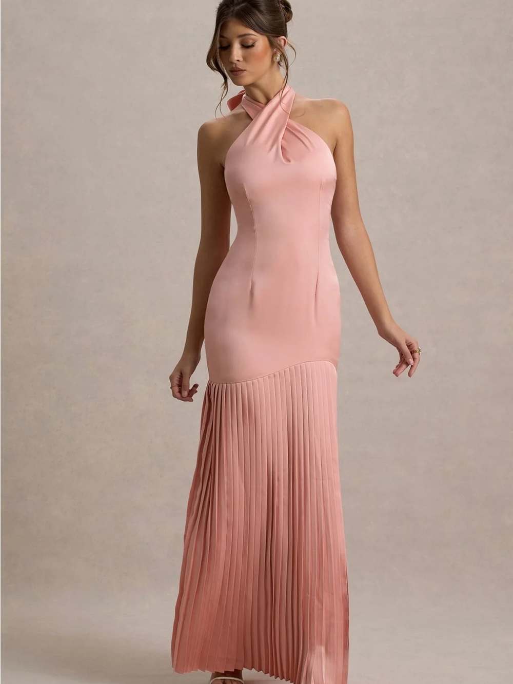 Club L Sansa Light Pink Satin Cross Neck Plisse Maxi Dress in Candy Pink Size 6